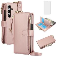 Asuwish Capa de celular para Samsung Galaxy S24 Plus S24+ 5G carteira com zíper com protetor de tela de vidro temperado, alça porta-cartão, bloqueio RFID, capa flip para celular S24plus 24S + S 24 24+