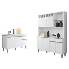 Balcão De Pia Tatiane 120 Cm E Armário Cozinha Kit Alice Branco Brilho - Ajl