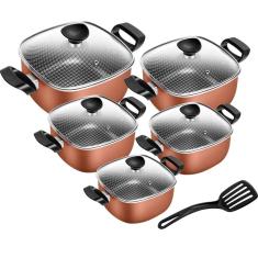 Conjunto de Panelas Quadradas Antiaderente Com Tampa De Vidro 5 Peças