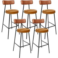 Kit 05 Banquetas Alta Bar Milão L02 Assento em Linho Estrutura em Aço com Encosto Fixo Marrom