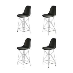 Kit 4 Banquetas Bistrô Alta Eames Preta Base Ferro Branco - Cor: Preto
