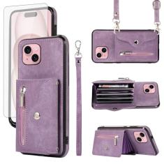 Capa de celular para iPhone 15 Plus 6,7 polegadas e protetor de tela de vidro temperado com alça transversal de pulso suporte para cartão i-Phone 15+ iPhone15Plus 5G i i15 + iPhone 15 Plus feminino