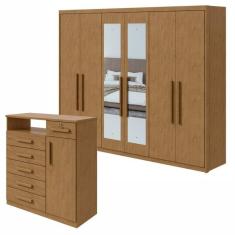 Conjunto de Guarda-Roupa 6 portas Áries com espelho e Cômoda Da Vinci  com Nicho Amêndoa Clean