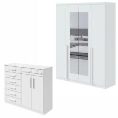 Conjunto de Guarda-Roupa Alonzo 4 portas com espelho e Cômoda Toronto Branco