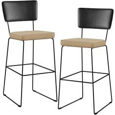 Kit 02 Banquetas Altas Preto Linho Bege Escuro