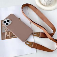 Capa de silicone fosco com alça de colar crossbody para iPhone 15 14 Pro Max 11 12 13 Mini XR X XS 7 8 Plus SE Capa à prova de choque, marrom, para iPhone 15 ProMax