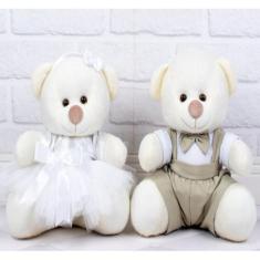 CASAL DE URSOS PAJEM CAQUI DAMINHA BRANCA PADRAO - PELUCIA 26cm - CKD 