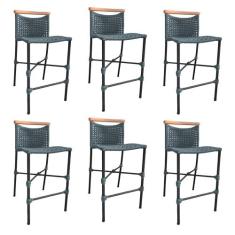 Kit 6 Banquetas Anne em Corda Náutica Base em Alumínio Preta com Detal
