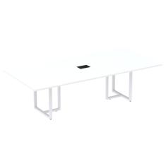 Mesa De Reunião Com Caixa De Tomada Retangular 200 X 90 Cm Pé Tub Pe25 Em Mdp Branco Base Branca