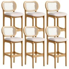 Kit 06 Banquetas Altas Para Cozinha Bancada Sala Tela Betta Fixa L02 Linho Cru - Lyam