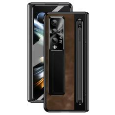 Suporte de couro para caneta com capa Stylus para Samsung Galaxy Z Fold 5 4 Capa de proteção de dobradiça de tela de vidro para Z Fold5 Fold4, café, para Galaxy Z Fold 4