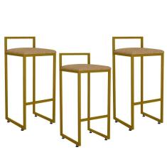 Kit 03 Banquetas Alta Hanna Dourado Linho Bege Escuro