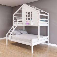 Beliche Casinha com Janela Casal/Solteiro Madeira Maciça Branco Housin