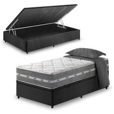 Cama Box Baú Solteiro King + Colchão Molas Ensacadas Miami Cinza Com Preto