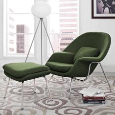 Poltrona Womb Chair Com Puff Cromada Linho Verde Cor Verde