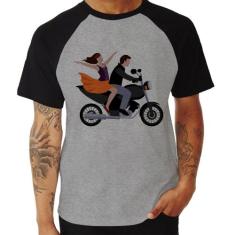 Camiseta Raglan Moto Casal - Foca na Moda, Cinza, Preto, P
