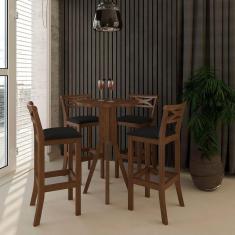 Kit Bar Bistrô Mesa Retrô 4 Banquetas Alta X Madri Madeira Maciça Pinhão Suede Preto