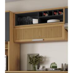 Armário Aéreo de Cozinha 120cm 1 Porta Horizonal Canelada e Nicho Garrafeiro New Porto Mdf Freijó/Grafite