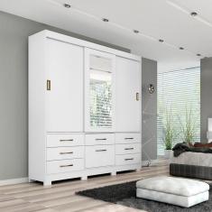 Guarda Roupa MDF 3 Portas de Correr Espelho 7 Gavetas 1 Sapateira e 8 Pés Luiza Panan Móveis Branco