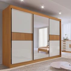 Guarda-roupa Com Espelho Casal 3 Portas 6 Gavetas 100% Mdf Miami Ripado Cinamomo-off White