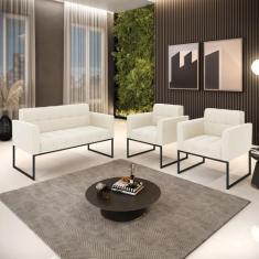 Kit 1 Sofá Namoradeira e 2 Poltronas Elisa Veludo Bege Base Metálica I