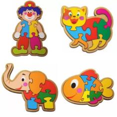 Kit Com 4 Quebra Cabeças Elefante + Palhaço + Gato + Peixe - Brinque E