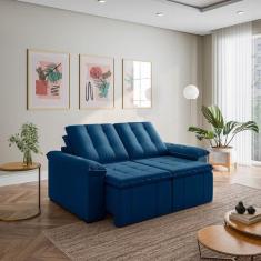 Sofá Retrátil Reclinável 2 Lugares Veludo Azul Palmeira 180cm CabeCasa
