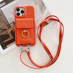 Carteira com Alça de Pescoço Crossbody Capa para Cartão de Telefone para iPhone 14 13 12 11 Pro Max Mini X XS XR 7 8 Plus Capa de Couro, Laranja, Para 7Plus ou 8Plus