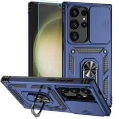 Androgate Capa para Samsung Galaxy S24 Ultra, capa de telefone de plástico rígido com amortecedor macio com [capa de lente de câmera deslizante] [anel giratório de 360°] [protetor de tela HD] para S24