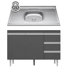 Balcão De Cozinha Com Pia Inox 100cm 3 Gavetas Andréia Cinza - Ajl Móveis