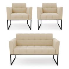 Kit 1 Sofá Namoradeira E 2 Poltronas Elisa Linho Bege A19 Base Metálica Industrial Preto - D'rossi