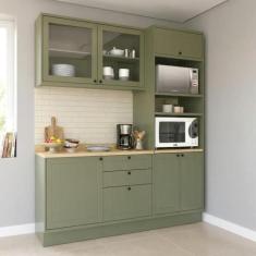 Cozinha Compacta 3 Peças com Balcão, Armário Aéreo com Vidro e Torre Q