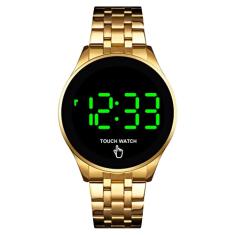 Relógio de pulso masculino à prova d'água com tela sensível ao toque e LED digital esportivo casual de aço inoxidável, Dourado