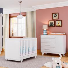 Quarto de Bebê com Cômoda 1 Porta 4 Gavetas e Berço Retrô Moveis Peroba Branco Brilho