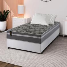 Conjunto Cama Box Branco Espuma Miami Cinza Solteiro 96x203x62