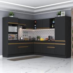 Armário Cozinha Completa de Canto Veneza Multimóveis V2081, Preto/Dour