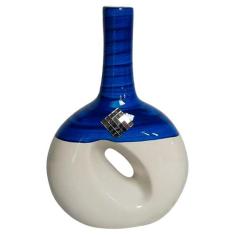 Vaso Estilo Cantil Vazado Em Cerâmica De Mesa Decorativo - Azul E Bege