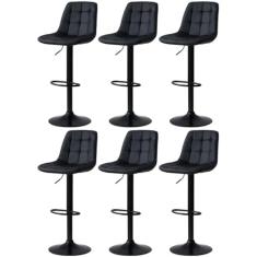 Kit 6 Banqueta Alta Elegance Estofada com Base Giratória e Regulagem de Altura - Preto