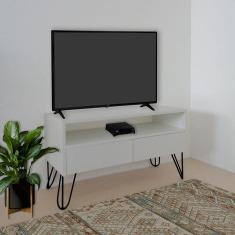 Rack Para Tv Bancada Com Nicho E Gaveta Pés Hairpin Legs Estilo Industrial Off White Laca