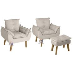 Kit 02 Poltrona/Cadeira Decorativa E Puff Glamour Opala Bege Com Pés Q