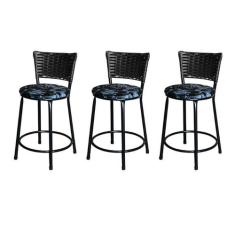 Jogo 3 Banqueta Baixa Para Cozinha Ratan Preta Estofado Floral - Lamar