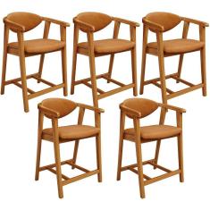 Kit 05 Banquetas Baixa Para Cozinha Sala Jantar Bancada Cecília L02 Couríssimo Canela - Lyam Decor
