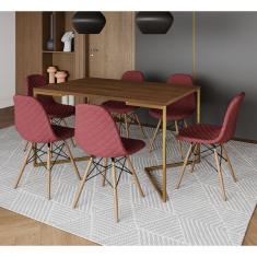 Mesa Industrial Retangular Amêndoa Base V Dourada 137x90cm C/ 6 Cadeiras Madeira Estofadas Vermelho