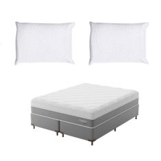 Cama Box King com Colchão Sublime Mola Ensacada e Espuma Viscoelástica (32x193x203) Cinza e Branco com 2 Travesseiros Guldi Soft Nasa Branco