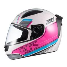 Capacete Sky Two Anos 90 Branco Brilho Transf Azul/rosa 60 - MOTOSKY 