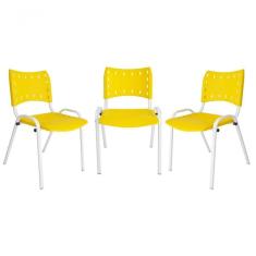 Kit 3 Cadeiras Iso Para Escola Escritório Comércio Amarela Base Branca