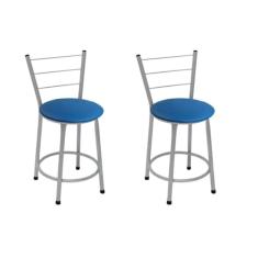 Kit 2 Banquetas Baixas Prata com Encosto Assento Azul