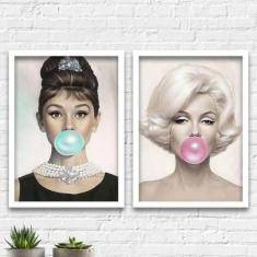 Kit 2 Quadros Audrey E Marilyn Chicletes 45X34Cm - Quadros On-Line