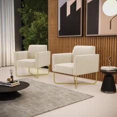 Kit 2 Poltronas Base X Industrial Dourado Marisa Suede Bege - D Rossi