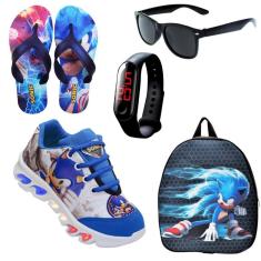Kit Tênis De Led Infantil Menino Masculino Sonic + Chinelo + Mochila + Óculos + Relógio-Masculino